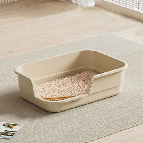 Semi Enclosed Cat Litter Trays with High Sides Large Open Top,Adult Cats Kitten Pan Rabbit Loo Deep Toilet Lowered Entry Step Easy Access Easy Clean Extra Large,Indoor Pet Potty (Beige, 49x35.5x13cm)