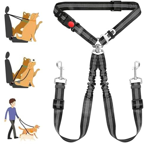 Tiesenci Double Dog Seat Belt for Car, Adjustable Headrest Restraint Safety Seatbelt with Reflective Bungee & Tangle-Free Swivel, No-Pull Split Leash for Vehicle Travel & Walking 2 Dogs, Black