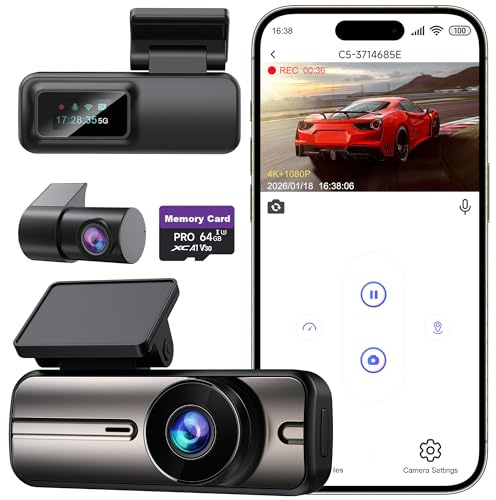Dash Cam Front and Rear 4K+1080P, 5GHz WiFi, Dual Dashcam with 64GB Card, App Control, G-Sensor Emergency Recording, Loop Recording, 24H Parking Mode Supports, Dash Camera for Cars