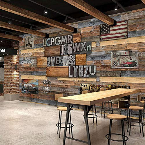 Grand café 3d mural bar rétro planche de bois papier peint bois grain lettres rétro internet café style industriel papier peint Papier Peint 3D Salle de séjour Chambre à coucher-400cm×280cm