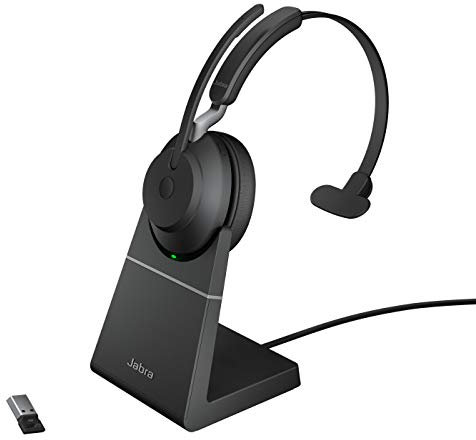 Jabra Evolve2 65 Wireless PC Headset with Charging Stand – Noise Cancelling UC Certified Mono Headphones with Long-Lasting Battery – USB-A Bluetooth Adapter – Black