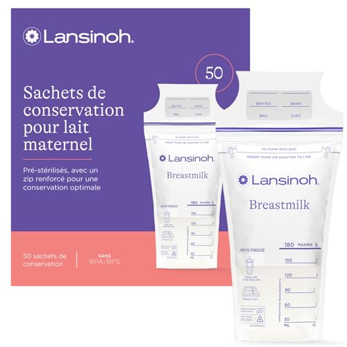 Lansinoh I Sachets Conservation Lait Maternel x50 - Pré-stérilisés - Double Zip Anti-Fuite - Congélation & Réchauffage - Sans BPA - Étiquettes & Graduation - Stockage sûr au frigo ou congélateur