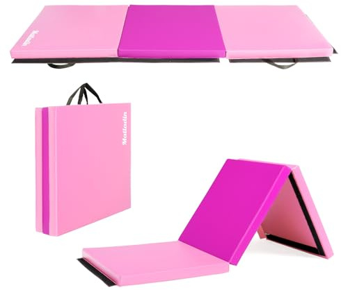 Bonnlo 6' Folding Tri-fold Gymnastics Gym Exercise Aerobics Mat, 6’x 2’x 2” PU Leather Tumbling Mats for Stretching Yoga Cheerleading Martial Arts (Purple&Pink)