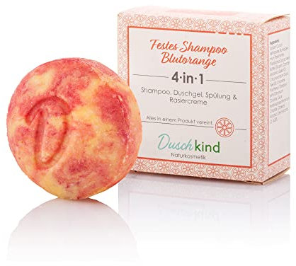 Duschkind Festes Shampoo Blutorange 4-in-1 – Handgepresst 56 g – Shampoo | Duschgel | Conditioner | Rasiercreme – mit Krambeöl für feines & lockiges Haar – Natürlicher Duft, Vegan, Plastikfrei
