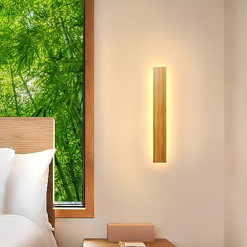Natural Bamboo Wall Light - LED Long Wooden 12W 3000k Modern Wall Sconce Lighting for Bedroom, Living Room, Hallway & Stair Interior, 30cm