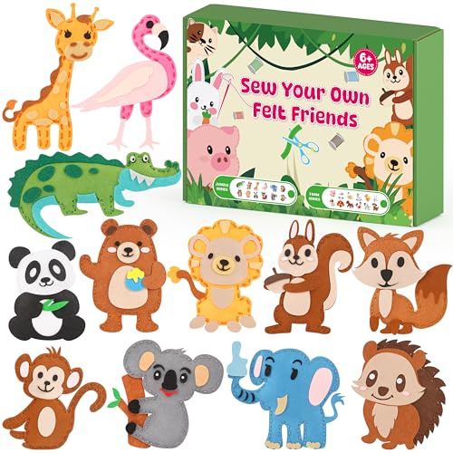YEETIN Sewing Kit for Kids Ages 6+, Beginner Felt Sewing Craft Kit, DIY Jungle Stuffed Animals Making Set, Learn to Sew Gifts for Birthday