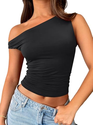 Trendy Queen Women's Off The Shoulder Tank Top, Sleeveless Stretchy Going Out Crop Top, Y2K Fashion T-Shirt for Summer Black L