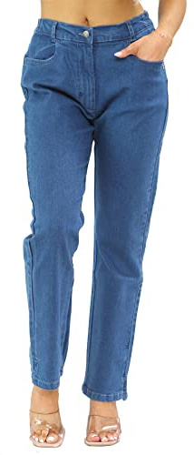 MYT Womens Side Elastic Waist Jeans Ladies Straight Leg Regular Fit Denim Pants Waist Size MSW 10 Long