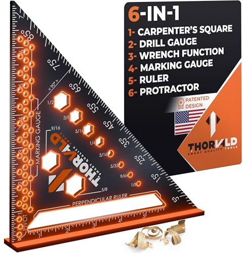 THORVALD 6-in-1 Carpenter Square 7 inch (1/16 Precision) - T Square Multi-Purpose Carpenter Tools : Wrench, Square, Protractor, Ruler, Marking Gauge, Drill Gauge