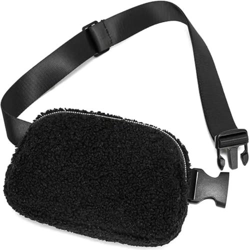 Cadoline Schwarze Plüsch-Teddyfleece-Sherpa-Gürtel-Gürteltasche, Handtasche, 14 x 20,5 x 5 cm