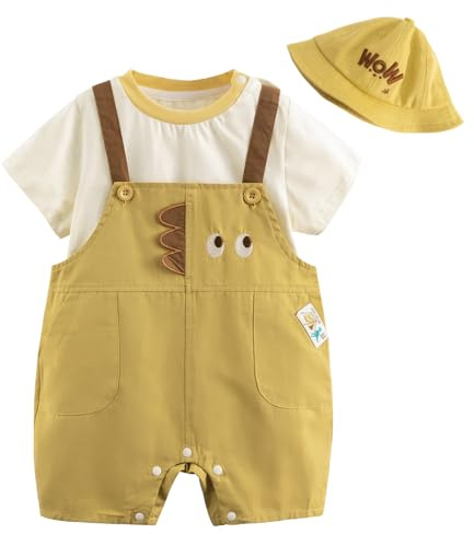 Volunboy Completi Estivi Bambino, Unisex Set di 3 Maglietta a Maniche Corte e Salopette Dinosauro con Cappelli Carino Abito Neonato Tuta(Dinosauro Giallo,12-18 mesi,Taglia 80)