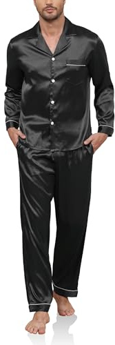 Reliwel Pijama Hombre Satén Pijama de Seda para Hombre Manga Larga con Botones y Pantalones Largos Ropa de Descanso Conjuntos de 2 Piezas Mangas Largas - Negro, M