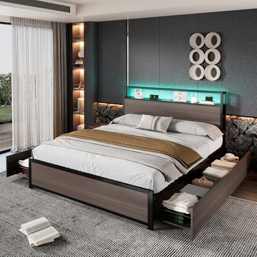 Oyemige Upholstered Bed Frame, 4ft6 Double Bed 135x190 cm, Metal Bed Frame with LED light strip and 4 drawers, 3 USB port, Youth bed for adults & teenagers, Multifunctional Bed, Grey, No Mattress