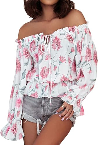 YNIQUE Women's Ruffle Sleeve Off Shoulder Ladies Blouse Summer Floral Print Casual T Shirts Fall 2024 Pink