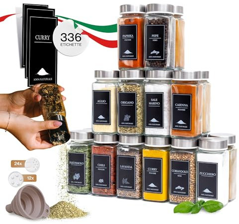 comforder – Barattoli Spezie per Cucina + 336 Etichette in Italiano e 2 Mulini – 24 Contenitori in Vetro da 120 ml (Bambù)
