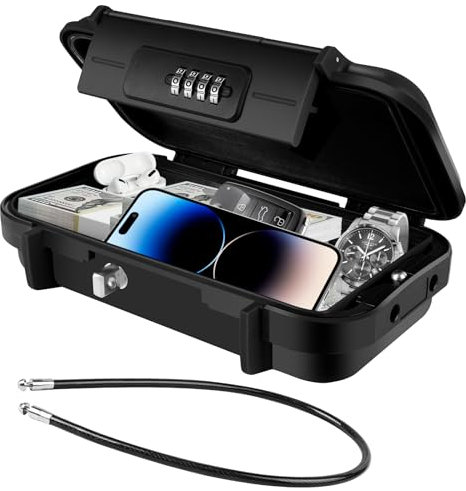 flintronic Caja Fuerte Pequeña, Cajas Fuertes Portátil, Caja de Seguridad con Código, Impermeable y Antirrobo, con Cuerda de Alambre Extraíble, Reajustable para Playa, Viajes, Hotel, Oficina-Negro