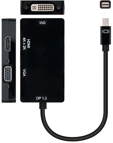 Convertitore Mini DP a VGA/DVI/HDMI 3 in 1 nero, lunghezza 15 cm. Questo versatile adattatore è ideale per collegare il tuo dispositivo Mini DisplayPort a schermi con ingressi VGA, DVI o HDMI.