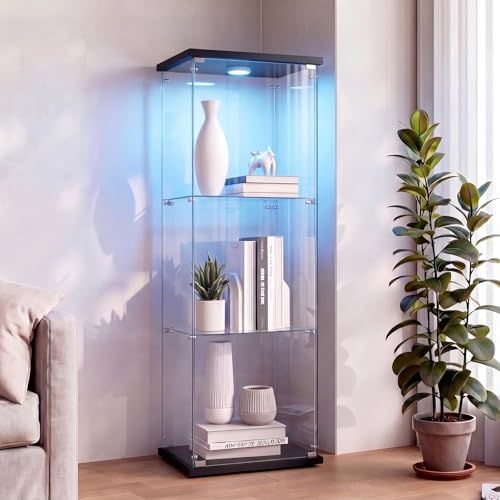 KSFASHZ Vitrina de Cristal con Luces LED y Cerradura, Armario Expositor de Vidrio Templado con 1 Puerta y 3 Estantes, Cristalera Vitrina Expositora para Salón y Colección, 125x42x36 cm, Negro