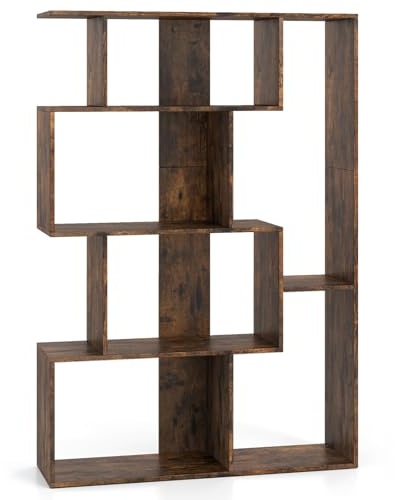 HOMASIS Libreria Scaffale con Forma di S, Libreria Verticale a 6 Cubi in Legno, Mobile Scaffale Moderna con Dispositivo Antiribaltamento da Soggiorno, Studio, 80 x 30 x 119 cm (Marrone)