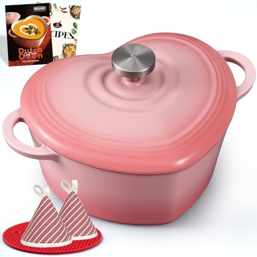 Overmont Pentola in Ghisa Smaltata a Forma di Cuore - 1.89L Casseruola con Coperchio e Libro di Ricette - Per Cucina, Forno, Stufare e Arrostire - Regalo Matrimonio e Festività - Rosa