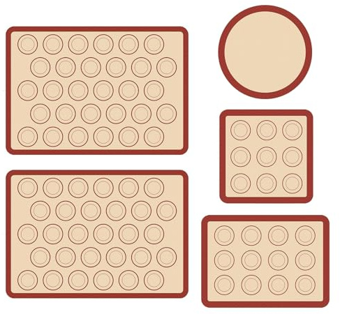 Set 5 Pezzi Tappetini in Silicone per Forno, Tappetino per Macaron Antiaderente e Riusabile, Tappetini per Dolci e Pizza Resistenti al Calore (260°C), Facili da Pulire, per Baking