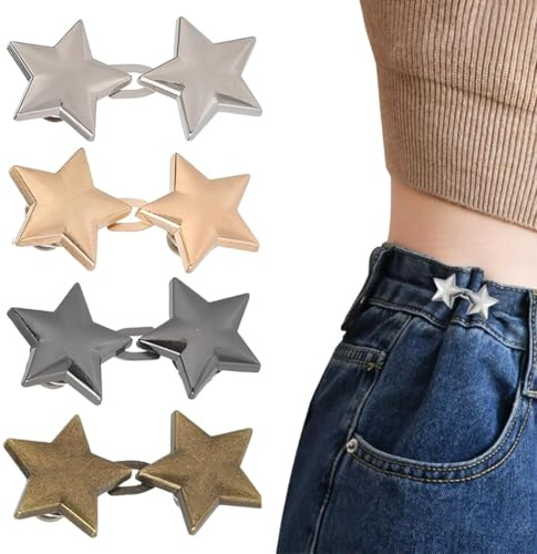 YIPFEN 8 Pares de Clips para Cinturilla de Pantalón, Botones de Jeans Ajustables sin Coser en Forma de Estrella, Broches Decorativos para Pantalones, Jeans y Faldas (4 Colores, 41x20mm)