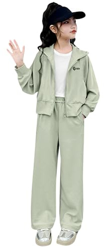 Amur Leopard Survêtement Enfant Fille Ensemble de Sport 2pcs Veste Zippée à Capuche + Pantalons Jogging pour Printemps Automne, Vert, 150/10-11 Ans