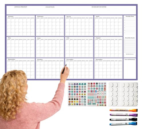 Calendario Pared 2026 – Cuadrícula Grande Borrable Planificador Anual, 2026 Calendarios Pared 12 Meses | Grande Reutilizable Anual Muros Calendario Con Marcadores Pegatinas Para Hogar Apartamento Ofic