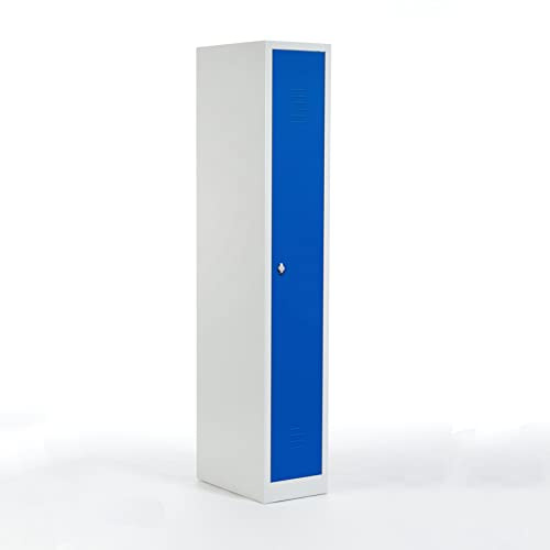 Schrank & Stuhl Spind – Metallspind mit einem Abteil in 180 x 31,5 x 50 cm, Schließfachschrank mit Hutboden & Drehriegelverschluss, Lieferung komplett montiert, Grau/Blau
