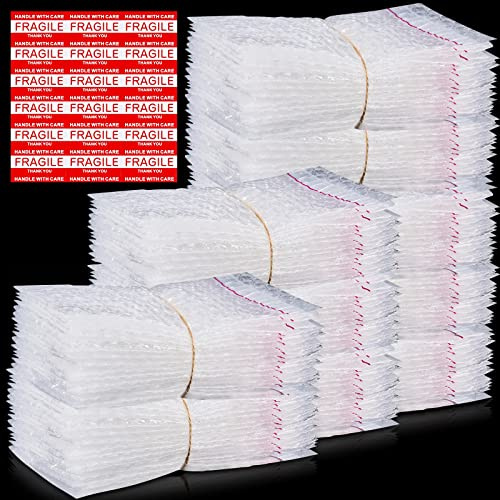 200 Pcs Bubble Pouches 4 x 6 Inch with 50 Pcs Fragile Reminder Stickers Double Wall Bubble Cushioning Bags Wrap Self Sealing Clear Pack Bags Packing Wrap for Moving Storage Shipping Packaging Supply