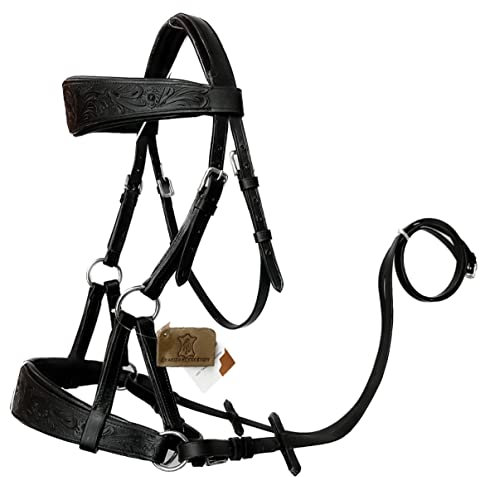 AMAZING HORSE STUFF Sidepull Bitless Bridle with Designer Hand Carving On Brow & Noseband Oval Shaped Full Black (Pony)