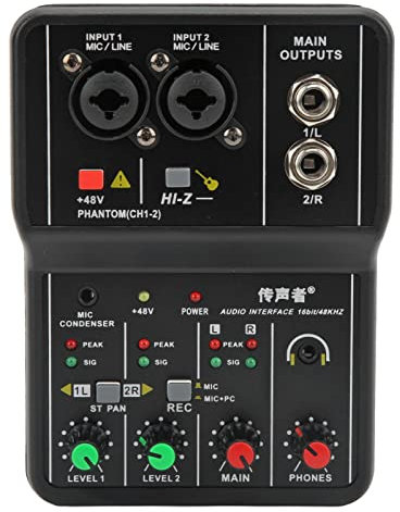 2-Kanal-Audio-Mixer, USB-Sound-Mischpult, Line-Mixer, Eingebaute 48-V-Phantomspeisung für Musikaufnahmen, Heim-Karaoke