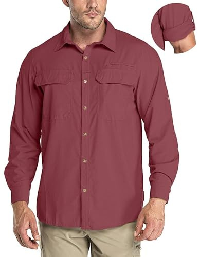 33,000 fot sportskjorta för män långärmad skjorta andningsbar funktionell skjorta snabbtorkande skjorta utomhusskjorta för män vår sommar höst 50+ UV-skydd vandring fiskskjortor, vin, M