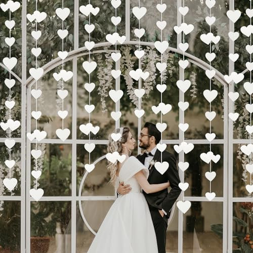 QeeFop Weiß Herz Girlande Hochzeit Deko, 52Ft Doppelseitig Metallisches Papier Hängende Girlande für Hochzeit, Geburtstag, Brautparty Deko, Weiß
