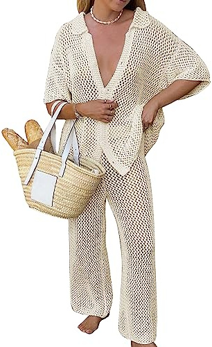 Famulily Set di 2 copricostume da bagno sexy da donna, con bottoni e pantaloni con coulisse, set da spiaggia, Beige, L