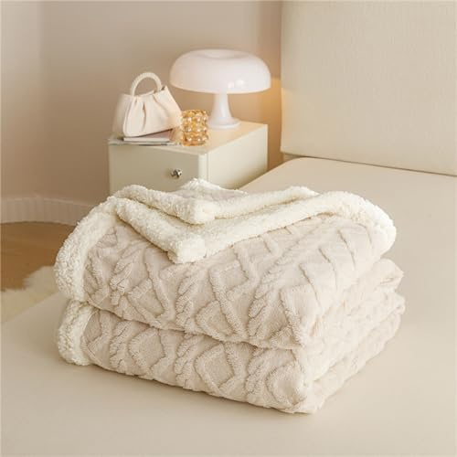 Chickwin Sherpa Fleece Throw Blanket 120x200cm, Fleece Blanket Warm Fluffy Thick Winter Single Blankets Throws Reversible for Bed Sofa Couch -Jacquard Milky White
