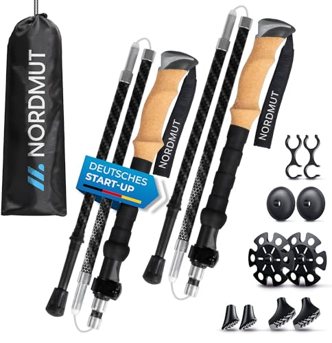 NORDMUT® Wanderstöcke faltbar aus ultraleichten Carbon ab 1,65m - stabile Faltbare Wanderstöcke Carbon mit ergonomischen Griffen - Robuste Trekkingstöcke mit kompakten Packmaß inkl. Gummipuffer Set