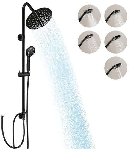BAITUJIE Black Shower, Rall Shower Riser Rail Kit 8” Square Rainfall Overhead with Hand Sprays Shower Set with Valve Diverter and 150cm Hose