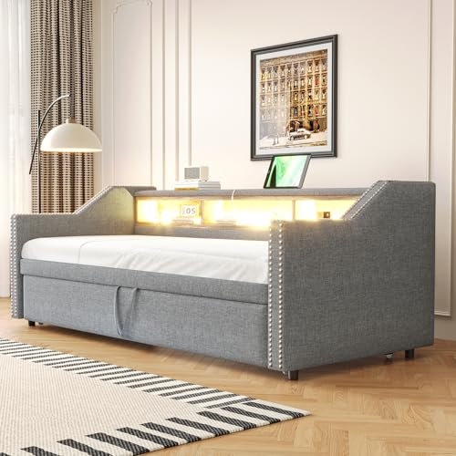 Zepneiy - Sofá cama nido (90/180 x 190 cm, con almacenamiento multifuncional, con iluminación LED y toma USB, color gris claro (colchón no incluido)
