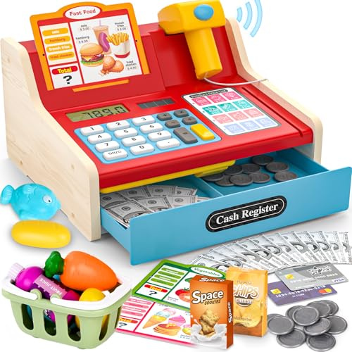 2026 Wooden Toy Cash Register for Kids,Rechargeable Counting Wood Cash Register Toys, Kids Cash Register with Scanner Realistic for Boy Girl Age 2-4 4-8, Pretend Toy Role-Playing Birthday Ideals Gift