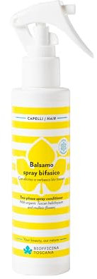 Biofficina Toscana Balsamo spray bifasico, 150 ml – Balsamo senza risciacquo per capelli stressati da sole, salsedine e cloro – Spray districante capelli con elicriso e verbasco bio toscani
