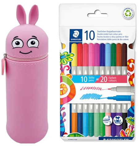 MARKY Blyertsfodral i emoji-design i rosa, mjuk och hållbar silikon, inkl. 10 STAEDTLER dubbelfibermålare, två spetsar med två färger, linjernas bredd 3 mm och 1 mm