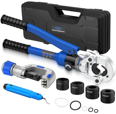 VORXEON Set 8-Ton Pinza Idraulica con Tagliatubi e Sbavatore, 4 Matrici TH (16/20/26/32mm), Pistola a Pressa Professionale per Tubi Condotti in Plastica Alluminio PEX PB, Testa Girevole 360°