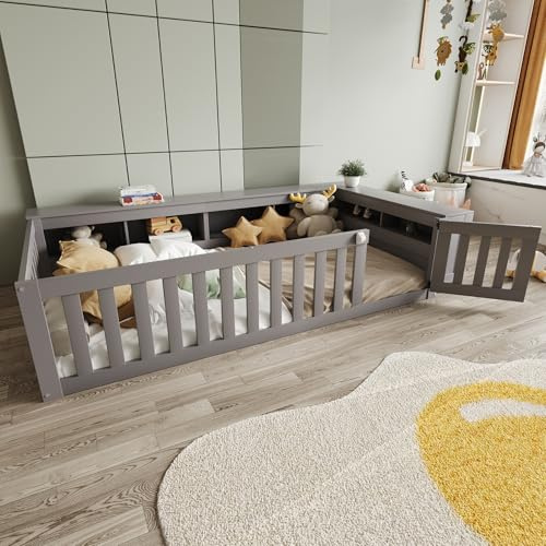 Merax Lit Enfant Multifonction 90x200 cm avec Rangement, Sécurisé avec Barrières et Petite Porte, Lit avec Sommier, pour Chambre d'enfant, Gris (sans Matelas)