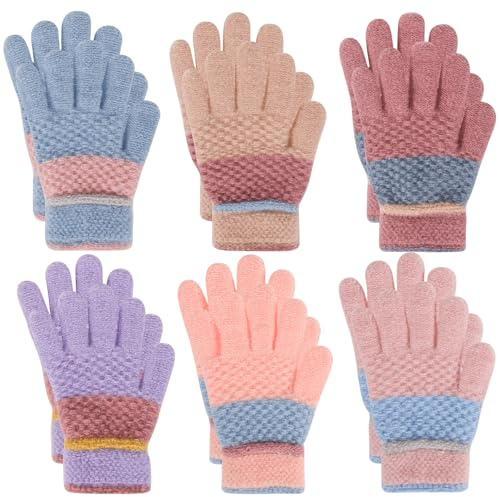 QKURT 6 par varma handskar för barn, mjuka termiska magiska handskar elastiska hela fingervantar pojkar flickor vinter fleece vantar färgglad mysig stickad handske för daglig värme, ålder 4-12, Rosa