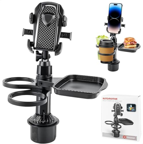 Tavolino Auto, Porta Cellulare Auto 360 Gradi Rotante, 4 In 1 Portatelefono da Automobile con Vassoio e 2 Portabicchieri, Supporto Telefono Accessori Macchina Interno per Veicoli Viaggi, Nero