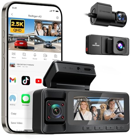 REDTIGER 2.5K 3 Channel Dash Cam with WiFi, IR Night Vision, Parking Mode | 1440P+1080P+1080P Dash Cam Front and Rear Inside, 3.18'' Screen, Loop Recording, No SD Card Included, Support Max 256GB(A3)