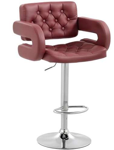 HOMCOM Sgabello Bar con Altezza Regolabile, Sgabello Cucina Alto in PU con Schienale, Poggiapiedi, Braccioli e Seduta Morbida, Struttura in Acciaio, Girevoli a 360°, per Penisola, Rosso Vino