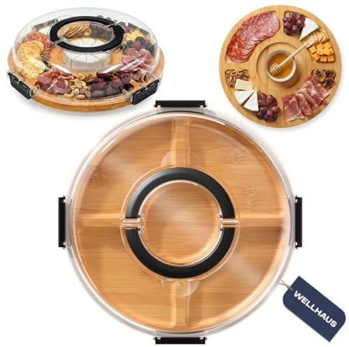 Wellhaus Tagliere per formaggi con coperchio - Tagliere charcuterie in bambù per snack e antipasti, piatto rotondo per formaggi, tagliere da portata, tagliere da cucina, piatto da portata portatile