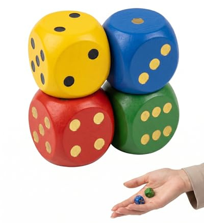 JIRVEX Juego de 4 Dados Grandes de Madera de 30 mm - Dados de Colores Naturales para Niños, Mayores, Juegos de Mesa, Fiestas y Matemáticas